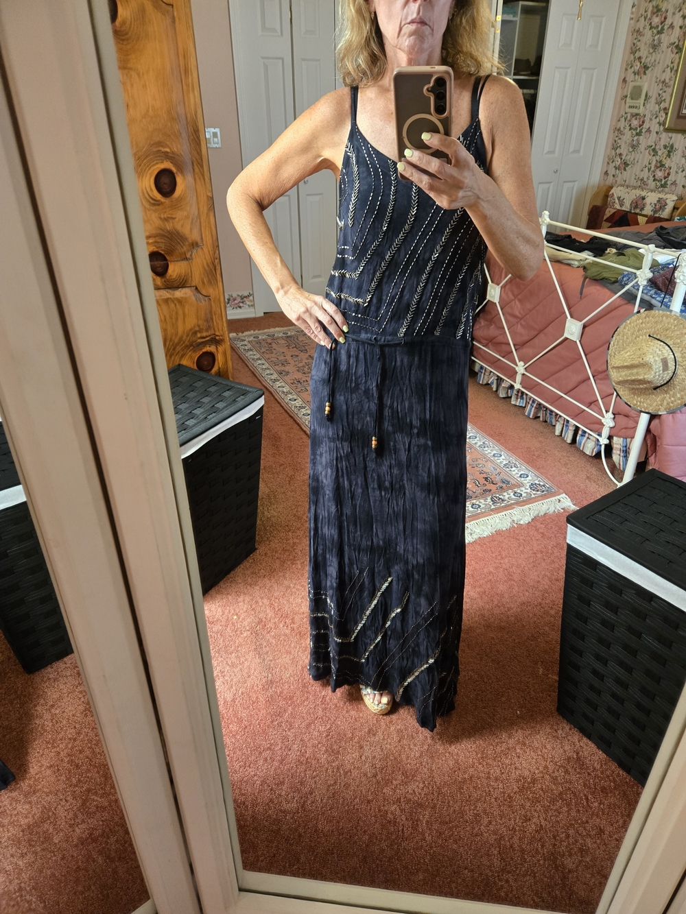 Chaser Navy Beaded Maxi Dress with Drawstring Waist
